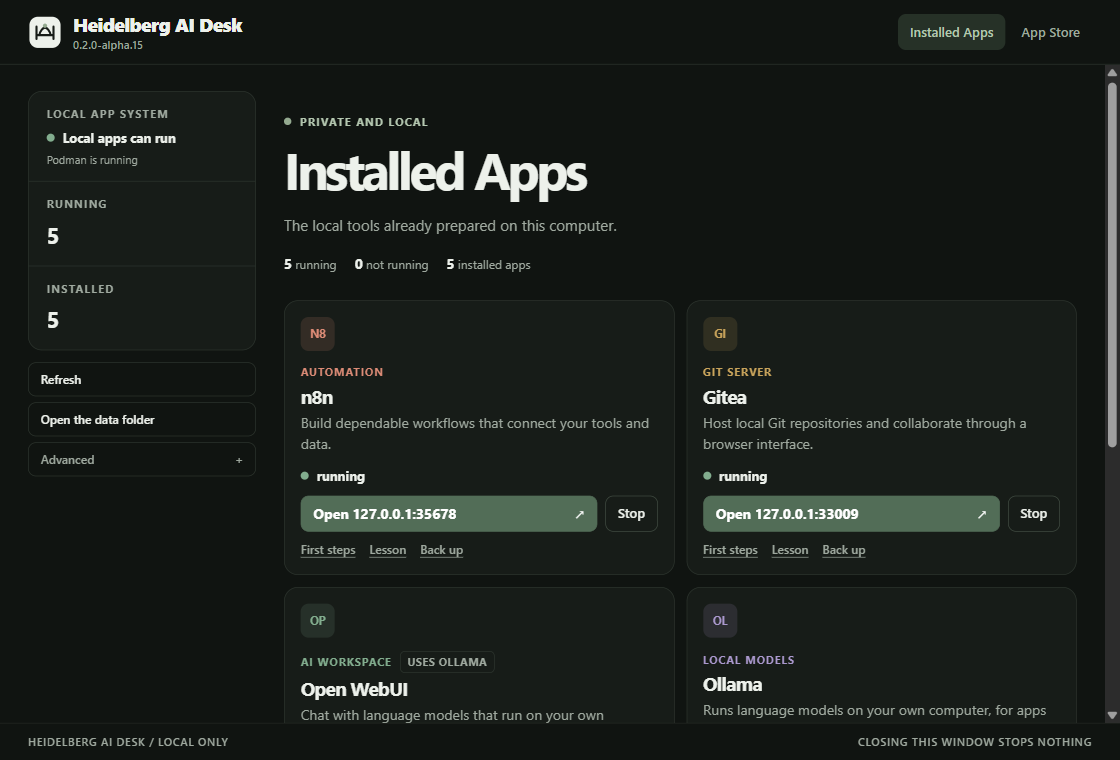 The Desk's window: the list of installed apps, with n8n and Gitea running and a button that opens each at its local address; below them the cards of Open WebUI, which uses Ollama, and of Ollama. Each built-in app's card has the links First steps, Lesson and Back up.